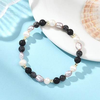 Natural Larvikite & Lava Rock Cultured Freshwater Pearl Beads Stretch Bracelets for Women, Round, with Non-magnetic Synthetic Hematite