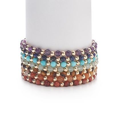 7 pcs 7 style bracelets extensibles en pierres mélangées naturelles et synthétiques sertis de perles en laiton, bijoux sur le thème du yoga chakra pour femmes