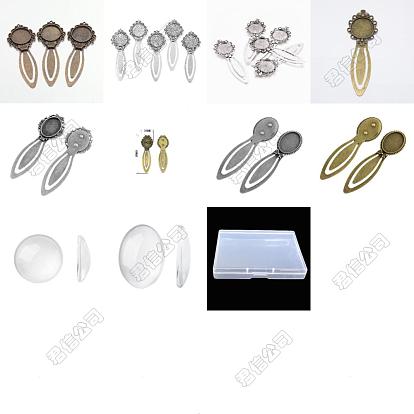 8Pcs 8 Styles Tibetan Style Bookmark Cabochon Settings, Cadmium Free & Lead Free, with 8Pcs Glass Cabochons