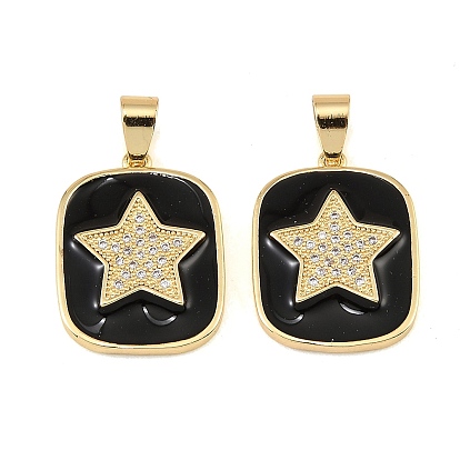 Brass Micro Pave Clear Cubic Zirconia Pendants, with Black Enamel, Rectangle with Star Charms