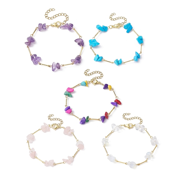 Браслет-цепочка из натуральных и синтетических драгоценных камней с крошками из бисера, золотой браслет из нержавеющей стали