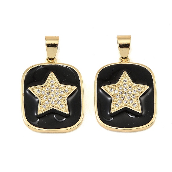 Brass Micro Pave Clear Cubic Zirconia Pendants, with Black Enamel, Rectangle with Star Charms