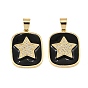 Brass Micro Pave Clear Cubic Zirconia Pendants, with Black Enamel, Rectangle with Star Charms