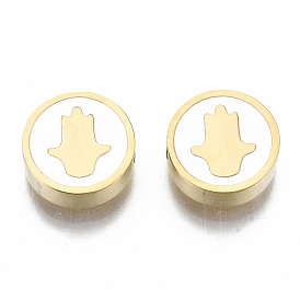 304 billes d'acier inoxydable, Coupe au laser, avec l'émail, blanc, plat rond avec hamsa main / main de fatima / main de miriam