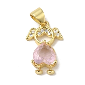 Rack Plating Brass Micro Pave Cubic Zirconia Pendants, with Glass, Cadmium Free & Lead Free, Long-Lasting Plated, Gir, Pink