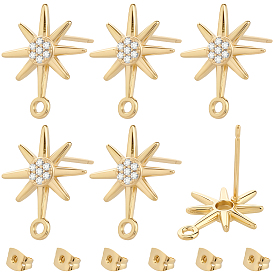 10шт. фурнитура для сережек-гвоздиков из латуни с микропаве и прозрачными кубическими циркониями, звезда, без никеля , долговечный, с гайкой 10шт.