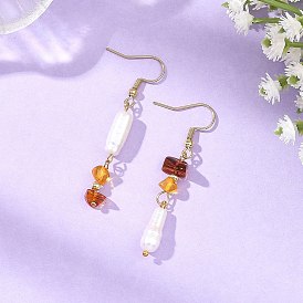 Natural Amber & Natural Baroque Keshi Pearl Bamboo & Chip Shape Dangle Earrings for Women