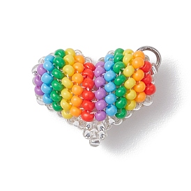 Handmade Glass Seed Beads, Loom Pattern, with Jump Ring, Rainbow Color Heart Pendant