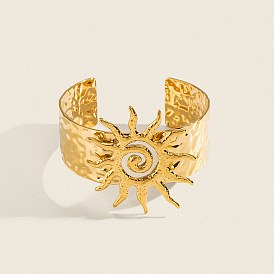 304 Bracelets manchettes ouverts en acier inoxydable à motif soleil spiralé pour femmes