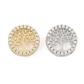 Brass Micro Pave Clear Cubic Zirconia Slide Charms, Long-Lasting Plated, Flat Round with Tree