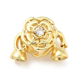 Rack Plating Brass Clear Cubic Zirconia Fold Over Clasps, Cadmium Free & Lead Free, Long-Lasting Plated, Flower