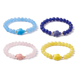 Dyed Natural Jade and Sea Turtle Porcelain Bead Stretch Bracelets for Women