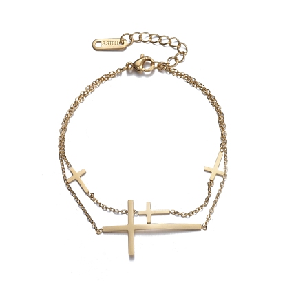 304 Stainless Steel Multi-strand Bracelets, with Cable Chains and Lobster Claw Clasps, Cross