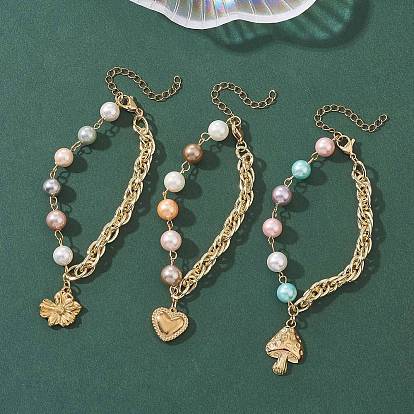 304 из нержавеющей стали шарм браслеты, браслеты из латунной веревки и бусин из ракушек для женщин, цветок/сердце/гриб