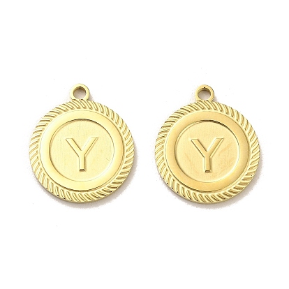 304 Stainless Steel Pendants, Flat Round with Letter Y Charms