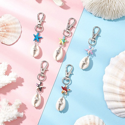 Подвески из натуральных ракушек каури, с синтетическими бирюзовыми бусинами в виде морских звезд и поворотными карабинами из сплава для украшения сумок