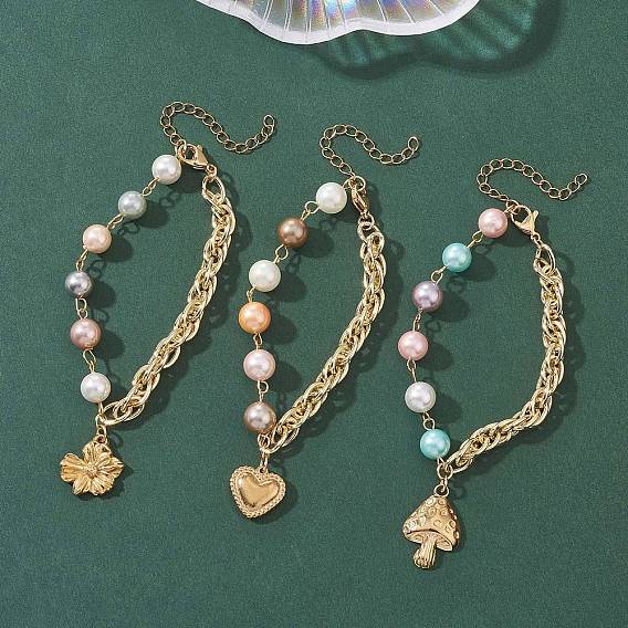 304 из нержавеющей стали шарм браслеты, браслеты из латунной веревки и бусин из ракушек для женщин, цветок/сердце/гриб