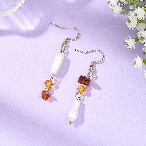 Natural Amber & Natural Baroque Keshi Pearl Bamboo & Chip Shape Dangle Earrings for Women