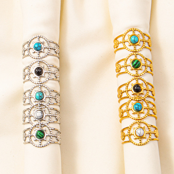 Регулируемые 304 манжеты из нержавеющей стали с открытыми кольцами для женщин, круглые, золотой / нержавеющая сталь цвета