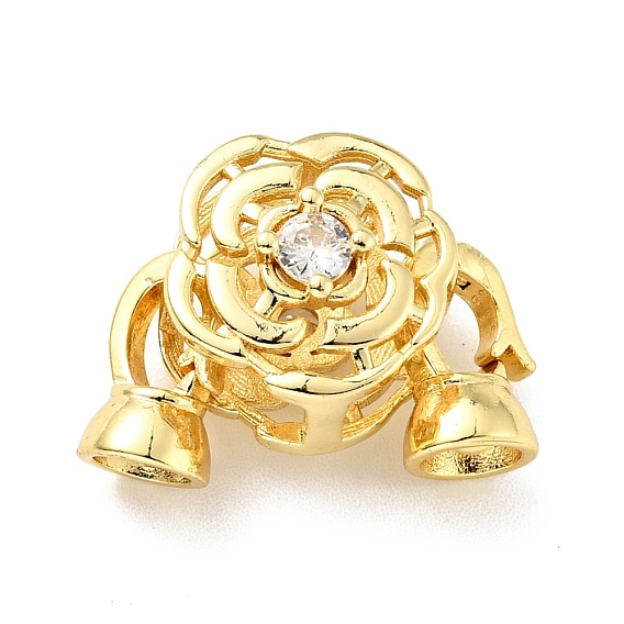 Rack Plating Brass Clear Cubic Zirconia Fold Over Clasps, Cadmium Free & Lead Free, Long-Lasting Plated, Flower