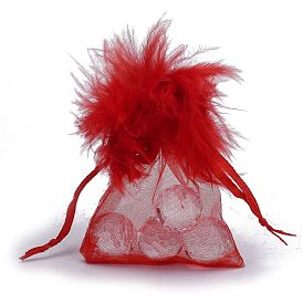 Сумочки из органзы , с кулиской и пером, ювелирные сумки, на свадьбу конфетные мешки, прямоугольные