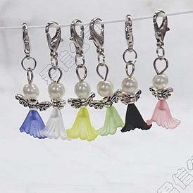 Pendentif ange en fleur acrylique avec ailes en alliage, avec alliage homard fermoirs pince, argent antique et platine