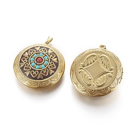 Handmade Brass Locket Pendants, Indonesia Style, Photo Frame Charms for Necklaces, Flat Round, Raw(Unplated)