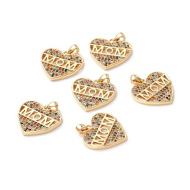 Brass Micro Pave Colorful Cubic Zirconia Pendants, Long-Lasting Plated, Lead Free & Cadmium Free & Nickel Free, HYeart with Word MOM, Mother's Day