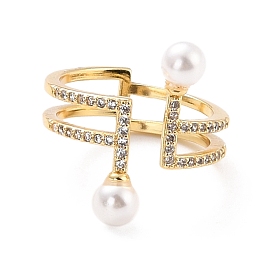 Anillo de puño de circonita cúbica de doble línea para mujer, anillo abierto de banda ancha de latón chapado en oro real 18k con perla de imitación, sin plomo y cadmio