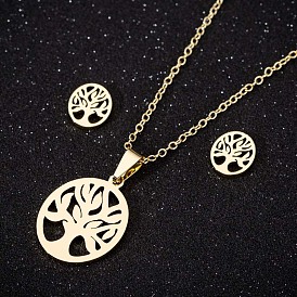 Minimalist Hollow Tree of Life Stainless Steel Earrings and Necklace Set for Women