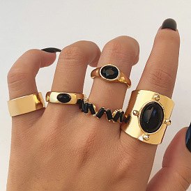 Vintage Black Gemstone Alloy Ring - Creative Retro Wide Face Finger Ring.
