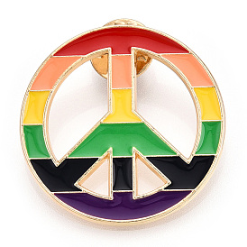 Alloy Brooches, Enamel Pin, with Brass Butterfly Clutches, Rainbow Peace Sign, Light Gold