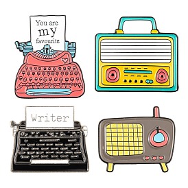 4Pcs 4 Style Creative Zinc Alloy Brooches, Enamel Pin, with Iron Butterfly Clutches or Rubber Clutches, Radio & Typewriter