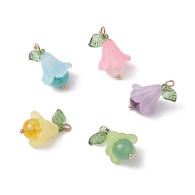 5Pcs 5 Styles Natural Amethyst & Dyed Quartz Crystal & Green Aventurine & Rose Quartz & Synthetic Green Turquoise Pendants, Flower Charms with Acrylic Leaf