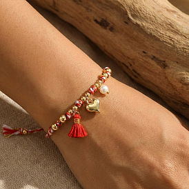 Браслеты с подвесками в виде сердечек из сплава, посвященные месяцу гордости., Браслеты из плетеных бусин с имитацией пластикового жемчуга и латунных бусин для женщин и мужчин, с кистями