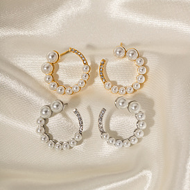 18K Gold Stainless Steel C-shaped Horn Earrings with Full Diamonds and Pearls - Non-fading Jewelry
