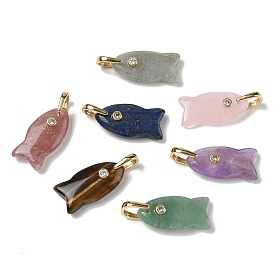 Natürlichen Edelstein-Anhänger, Fisch-Anhänger mit Mikropavé aus Messing mit klaren Zirkonia-Beschlägen, golden