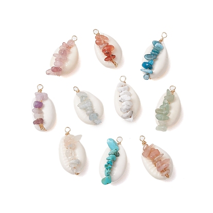 10 шт. 10 стили из натуральной ракушки каури, медная проволока, обернутая подвесками с драгоценными камнями, подвески в форме ракушек