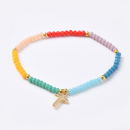 Chakra bijoux, bracelets de charme, avec des perles de verre rondelles facettées et des breloques en laiton plaqué or 18 k véritable, croix
