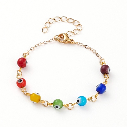 Handmade Evil Eye Lampwork  Beaded Bracelets, with Brass Chains and 304 Stainless Steel Lobster Claw Clasps, Round, Golden