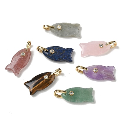 Natürlichen Edelstein-Anhänger, Fisch-Anhänger mit Mikropavé aus Messing mit klaren Zirkonia-Beschlägen, golden