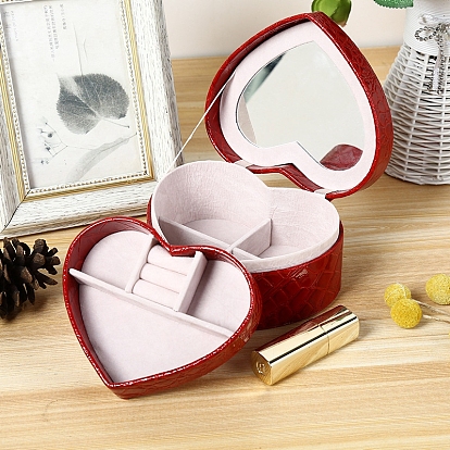 Cajas de almacenamiento de joyas de terciopelo y cuero pu con forma de corazón, Estuche organizador de joyas de doble capa para collar, pendientes, anillo