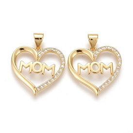 Brass Micro Pave Clear Cubic Zirconia Pendants, Long-Lasting Plated, with Snap On Bails, for Mother's Day, Heart with Word Mom