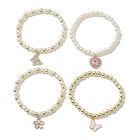 4 pcs 4 styles ensemble de bracelets extensibles en verre et hématite synthétique, Bracelets empilables papillon, fleur et cœur avec breloques en alliage émaillé