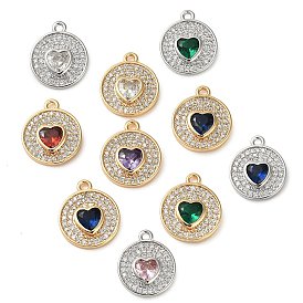Латунный кулон с микропаве из циркония, плоский круглый с сердечками, разноцветные