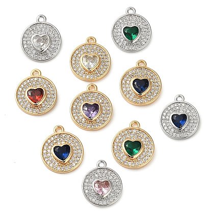 Латунный кулон с микропаве из циркония, плоский круглый с сердечками, разноцветные