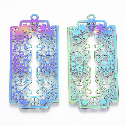 Ion Plating(IP) 201 Stainless Steel Filigree Pendants, Etched Metal Embellishments,  Rectangle with Sugar Skull, For Mexico Holiday Day of The Dead