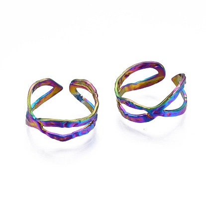 304 Stainless Steel Criss Cross Cuff Ring, Rainbow Color Open Ring for Women