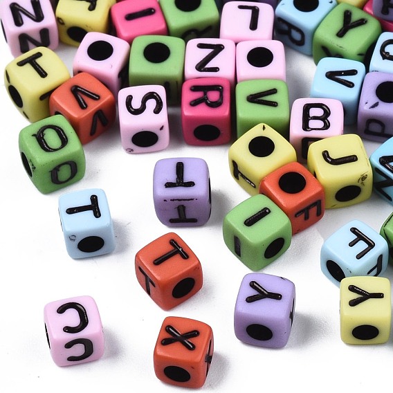 Opaque Acrylic Beads, Cube with Letter