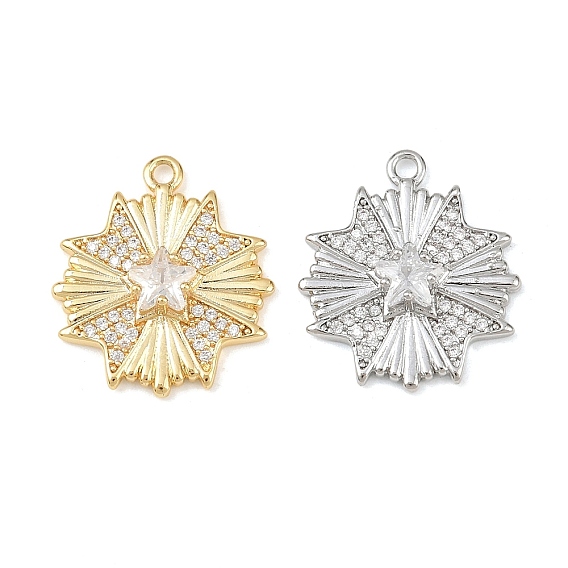 Латунные микропаве прозрачные подвески с фианитом, цветок со звездным узором, без кадмия, без никеля и без свинца